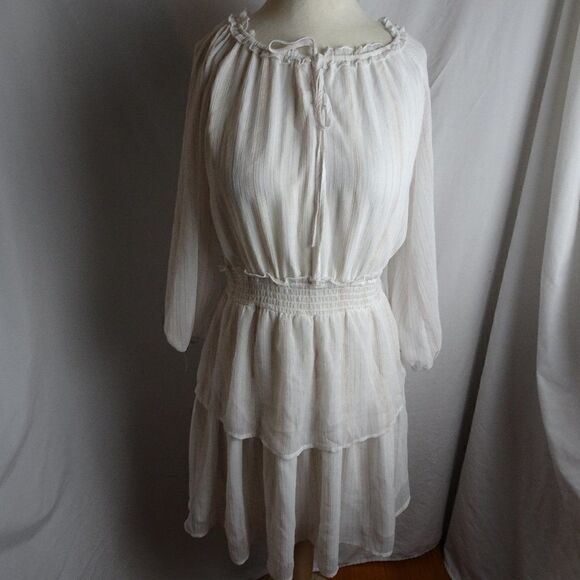 Pleione White & Golden Stripes Dress Size L - Picture 1 of 9
